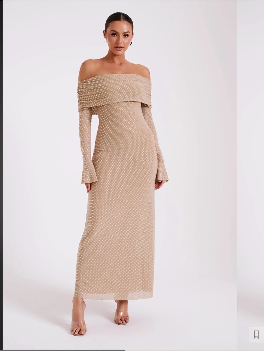 Meshki Beige Off-Shoulder Maxi Dress